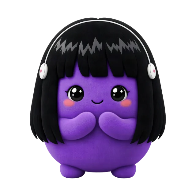 Pomelu, a purple mascot with black hair and white headphones