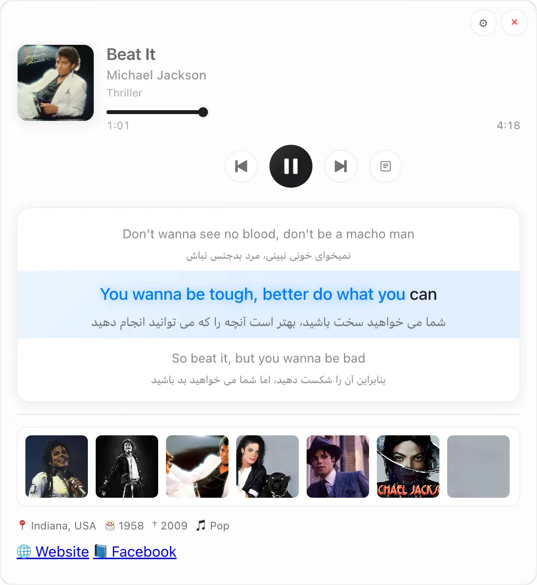 LyricGlow full mode with synced lyrics, translation, artist photos and details