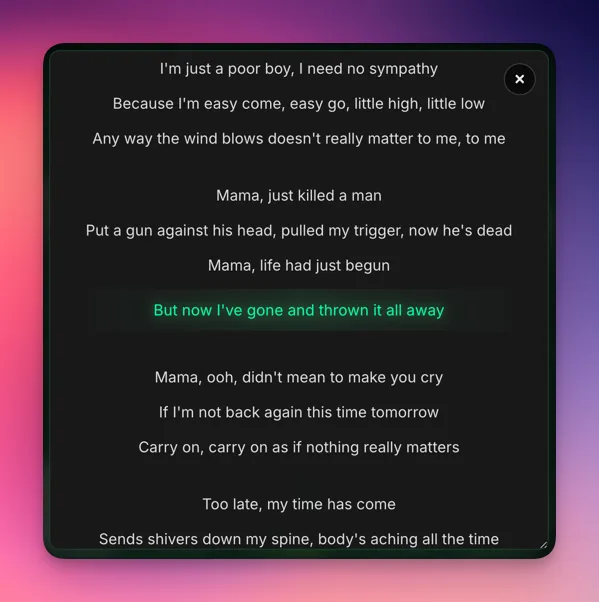 LyricGlow lyrics-only mode with word-by-word highlighting