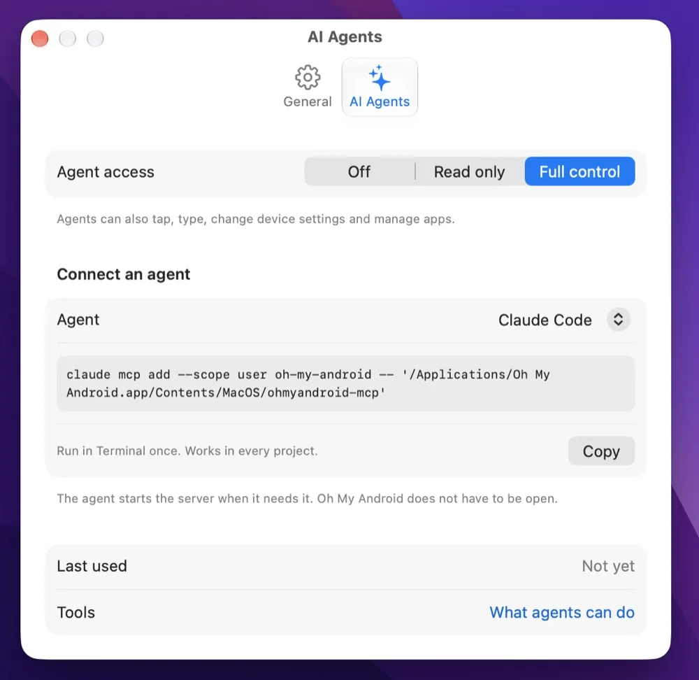 AI Agents settings in Oh My Android: access level and one-step MCP setup for Claude Code, Codex, Cursor and VS Code