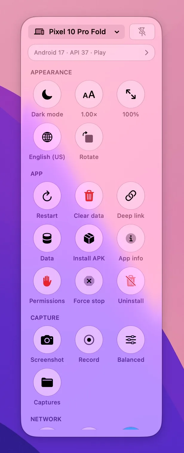 The Oh My Android control panel with appearance, app, capture and network actions
